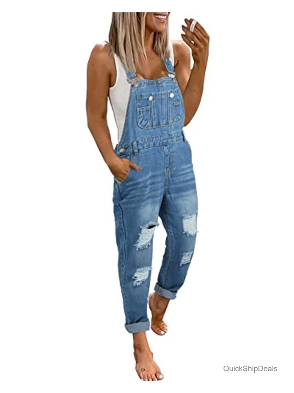 Women's Distressed Ripped Denim Overalls Adjustable Straps Mid Waist Straight